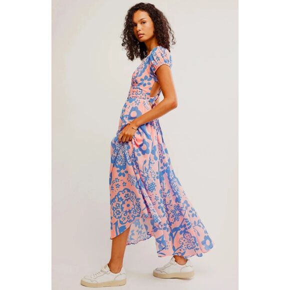 Free People Ultraviolet Dress Pale Pink Combo L 10 Women Smocked Maxi NEW - Picture 1 of 6